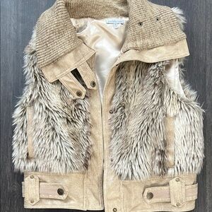 Charlotte Russe Faux fur Vest in Tan and Cream - with buckle details satin lined